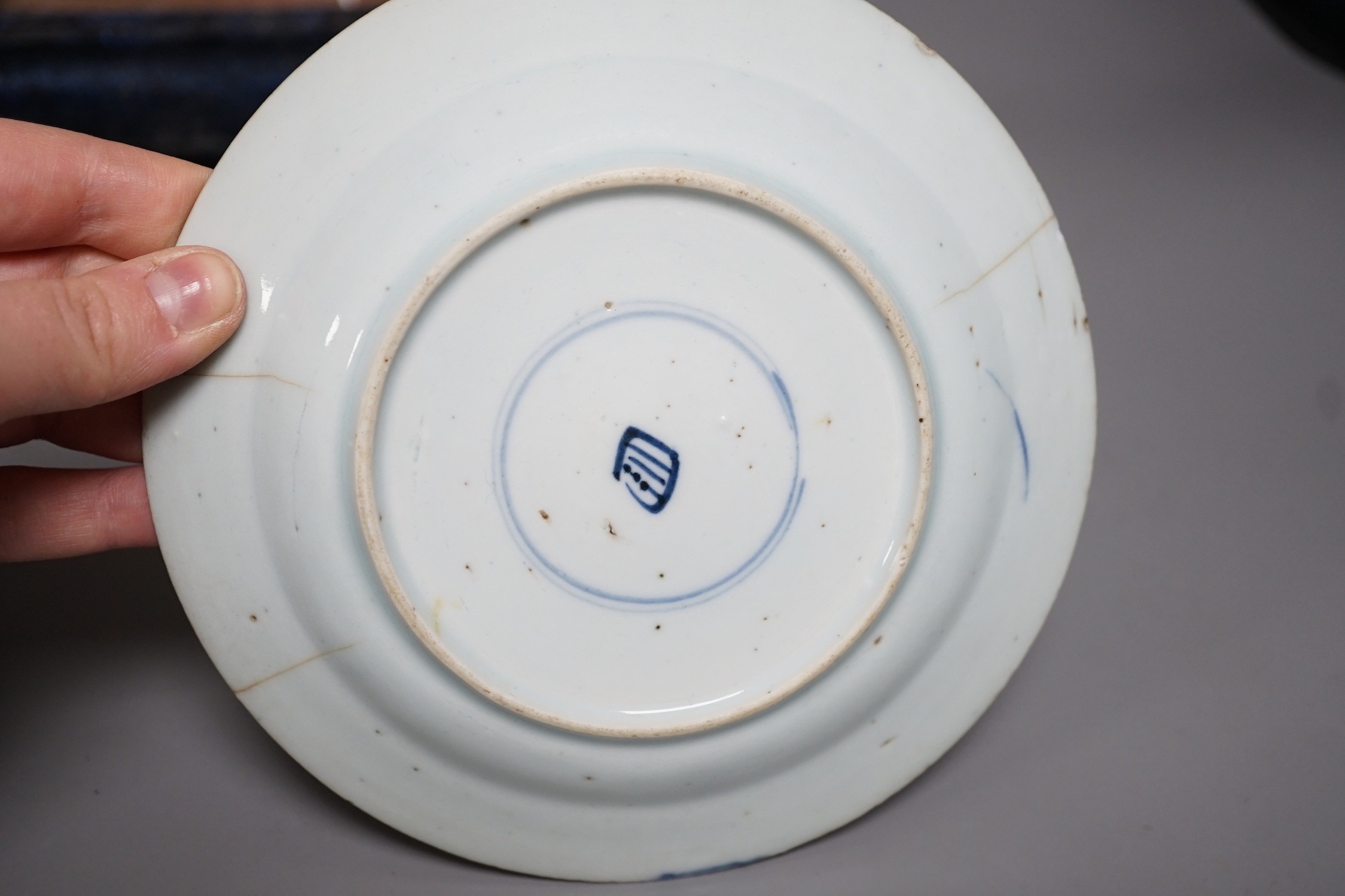 A Chinese blue and white plate a pottery planter and stand and a Qingbai type bowl, bowl 16.5cms - Image 6 of 6