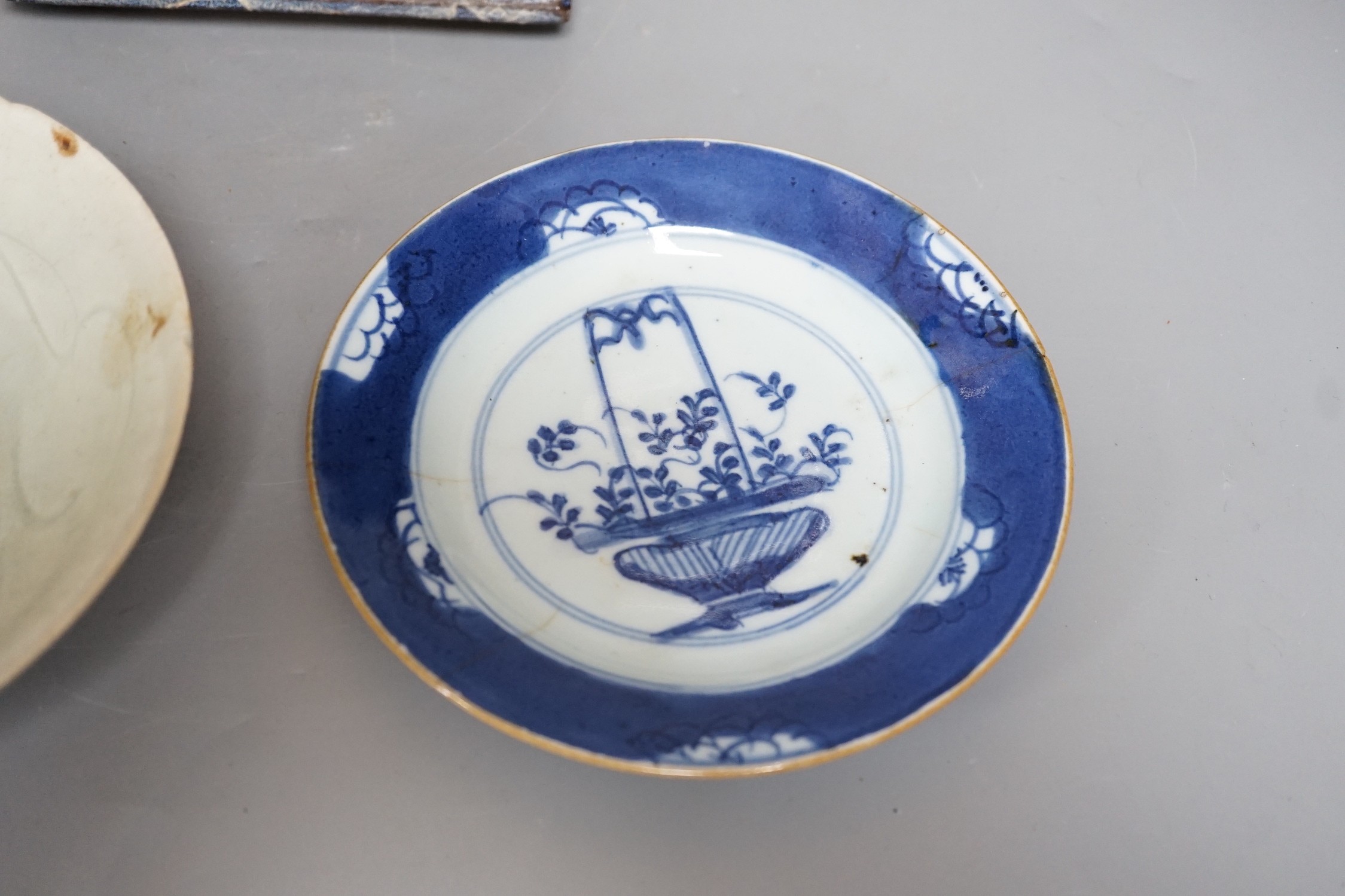 A Chinese blue and white plate a pottery planter and stand and a Qingbai type bowl, bowl 16.5cms - Image 2 of 6