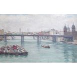 Jill Oakman, oil on canvas, Cannon Street Bridge and City from London Bridge, signed, 29 x 44cm