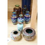 Assorted Japanese cloisonné enamel vases, The tallest 18.5 cm