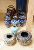 Assorted Japanese cloisonné enamel vases, The tallest 18.5 cm