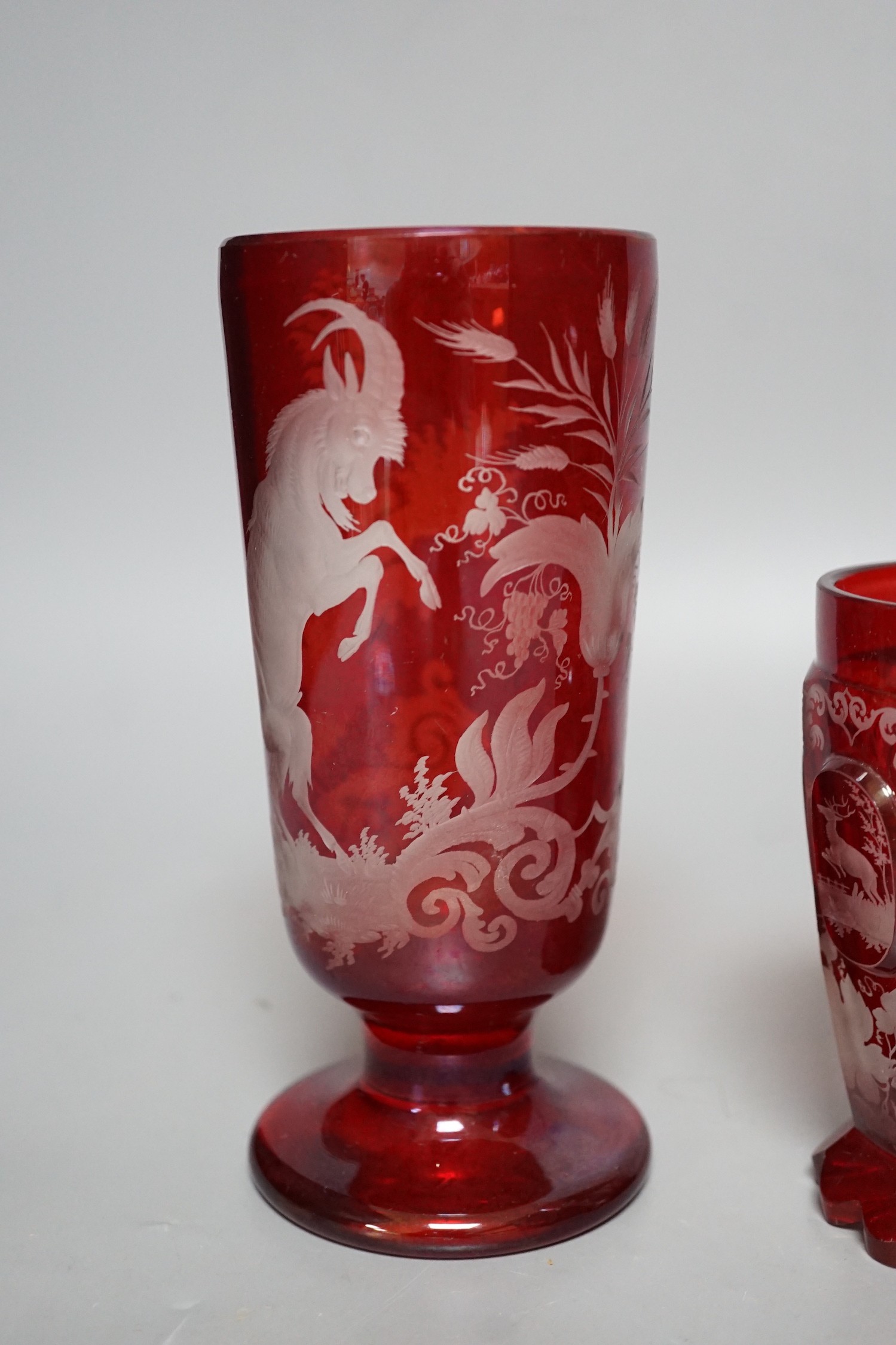 Two Bohemian Red stained glass vases and a comport, tallest 17cms high - Image 3 of 5