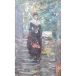 English School, c.1900, oil on board, Sketch of a woman upon steps, 23 x 14cm