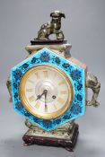 A French majolica chinoiserie mantel clock in the style of Theodor Deck, 32cm