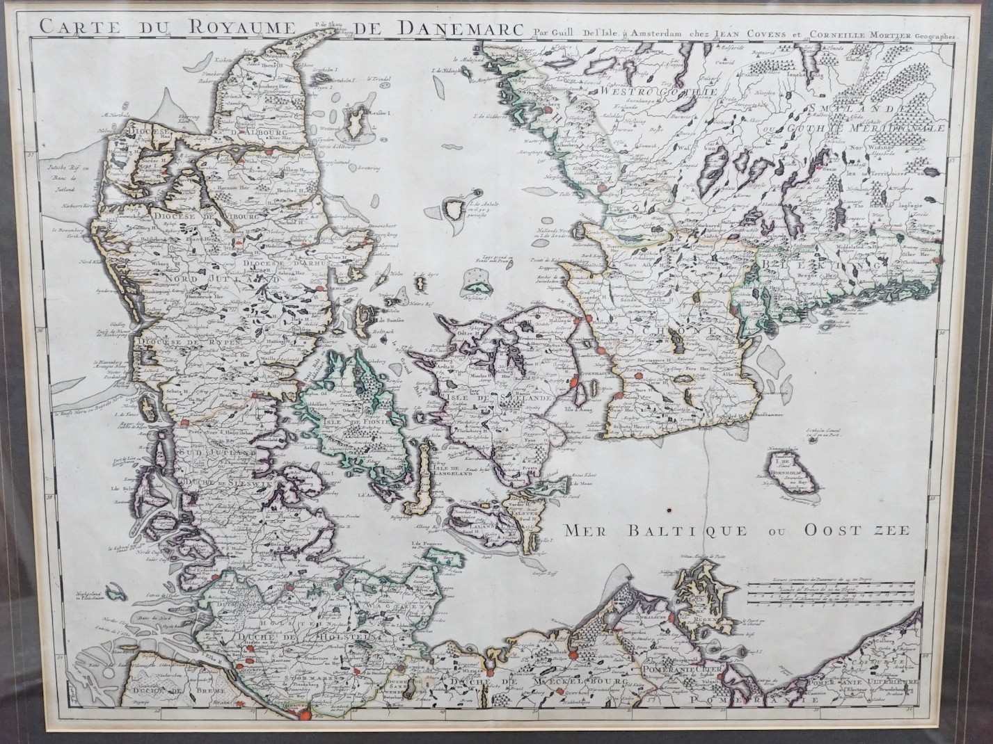 Guillaume de L'Isle, coloured engraving, 'Carte du Royaume de Danemarc' framed map, 1730 by