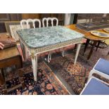 A William Kent style cream and gilt painted side table, with a green variegated marble top, width