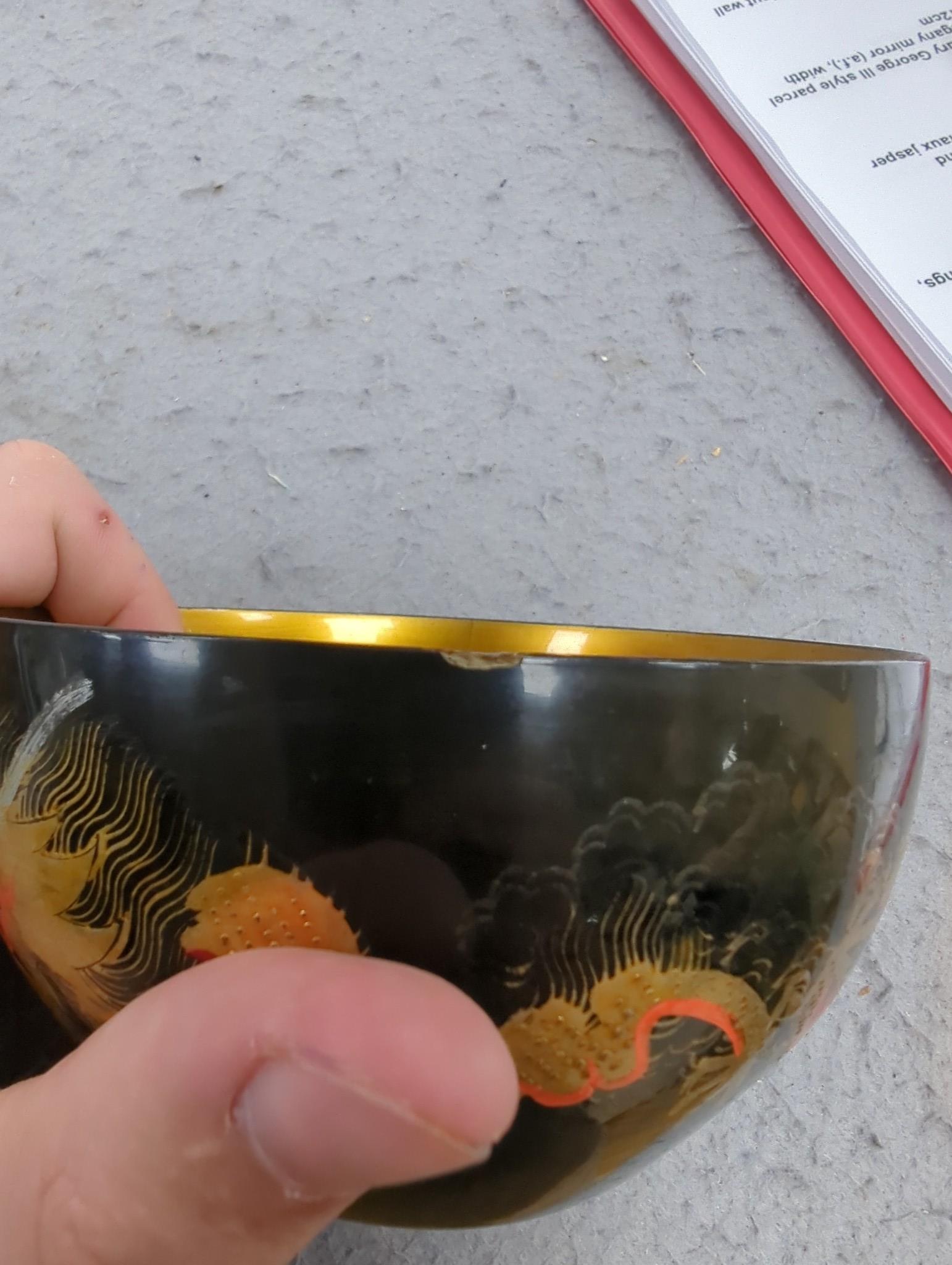 Four Chinese Republic Fuzhou lacquer dragon bowls. 11cm diameter - Image 8 of 10