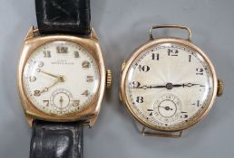 A gentleman's 1930's 9ct gold manual wind wrist watch (no strap), with case back inscription and one