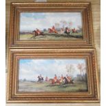 Robert Stone (1820-1870), pair of oils on panel, Hunting scenes, signed, 12 x 25cm