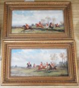 Robert Stone (1820-1870), pair of oils on panel, Hunting scenes, signed, 12 x 25cm