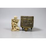 A Chinese archaistic bronze censer and a soapstone figure of a luohan, Tallest 10cm