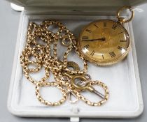 An 18k engraved gold open faced keywind pocket watch, gross 40 grams and a 9ct chain, 20.4 grams.