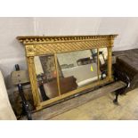 A Regency giltwood and composition triple plate overmantel mirror, width 155cm, height 80cm