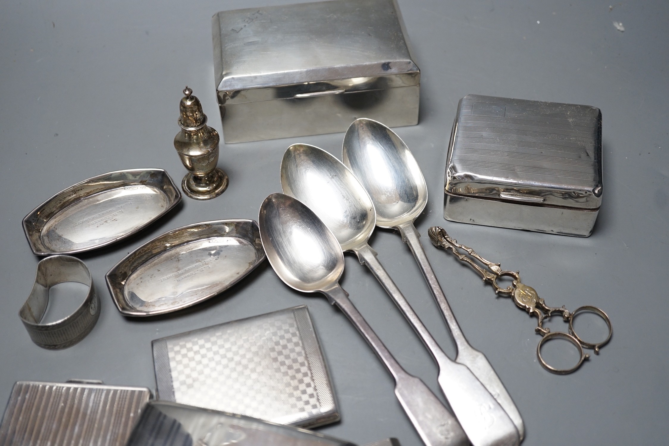 Mixed silver or white metal items including two cigarette boxes, three cigarette cases, cutlery, - Image 3 of 4