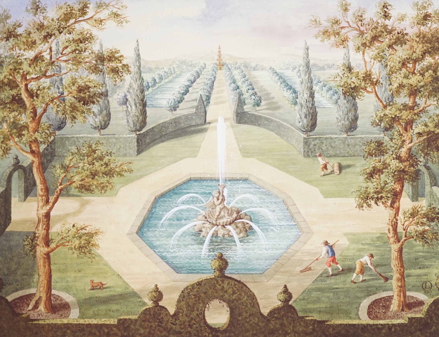 Lucinda Oakes, eight offset lithographs with hand-tinting, 18th century gardens with fountains, four