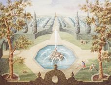 Lucinda Oakes, eight offset lithographs with hand-tinting, 18th century gardens with fountains, four