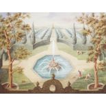 Lucinda Oakes, eight offset lithographs with hand-tinting, 18th century gardens with fountains, four