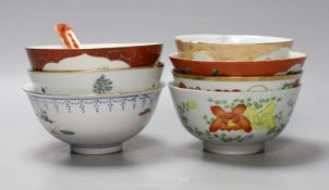 A selection of seven Chinese Republic period bowls, together with a rice spoon. Largest bowl 13cm