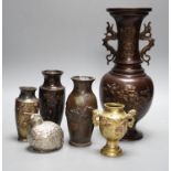 A group of Japanese bronze and mixed metal vases and a plated sugar castor, tallest 30cm