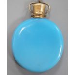 A French? yellow metal mounted blue glass moon shaped scent flask, 56mm.