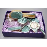 A George V silver and green guilloche enamel set nine piece dressing table set, by Albert Carter,
