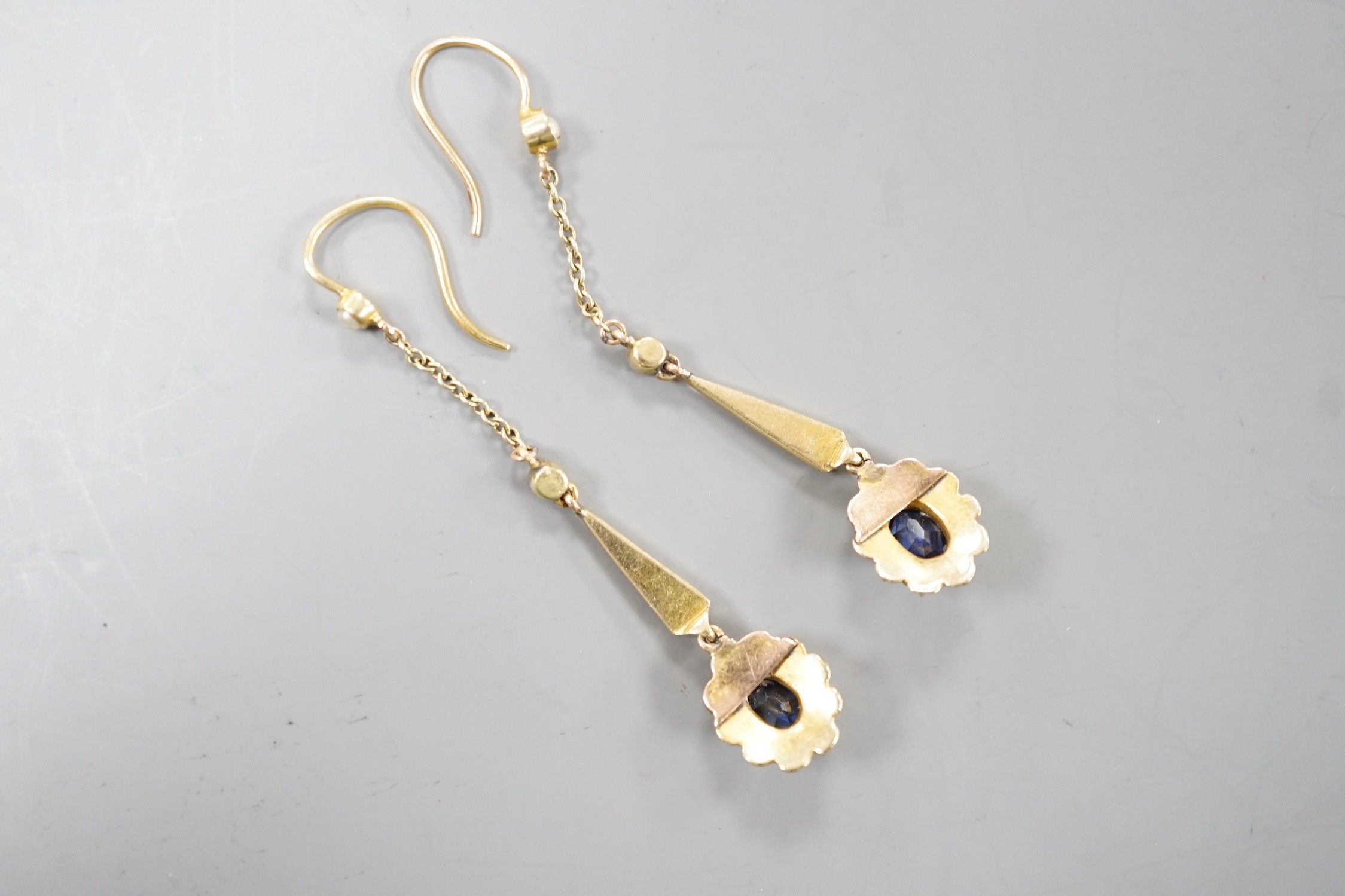 A pair of yellow metal, sapphire and seed pearl set drop earrings. 41mm, gross weight 3.4 grams. - Image 4 of 4