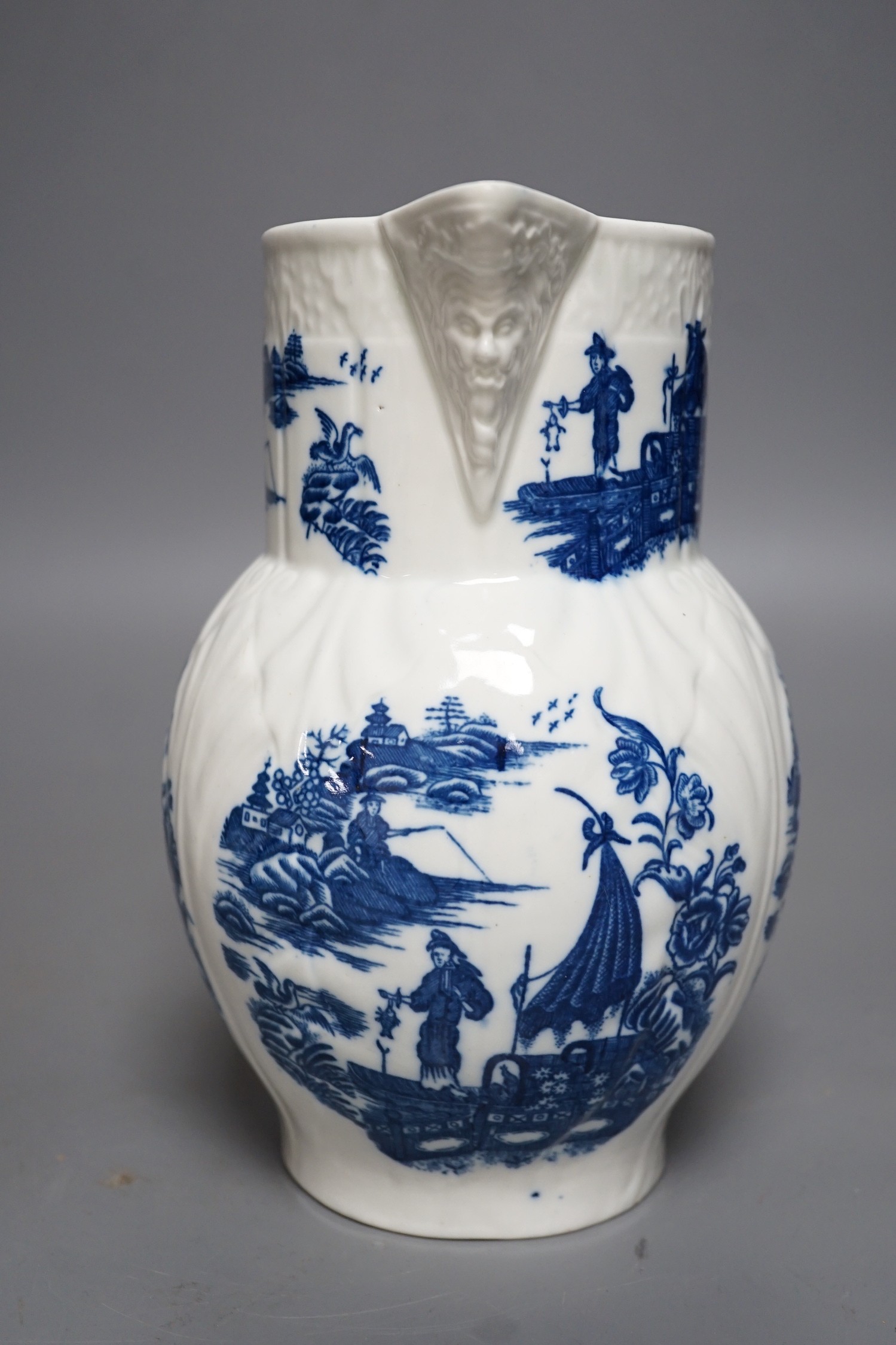 A Caughley baluster mask jug of cabbage leaf moulded shape, printed in underglaze blue with five - Image 2 of 4