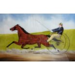 A pair of late Victorian reverse painting glass panels depicting racing gigs, 39 x 60cm, maple