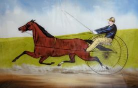 A pair of late Victorian reverse painting glass panels depicting racing gigs, 39 x 60cm, maple
