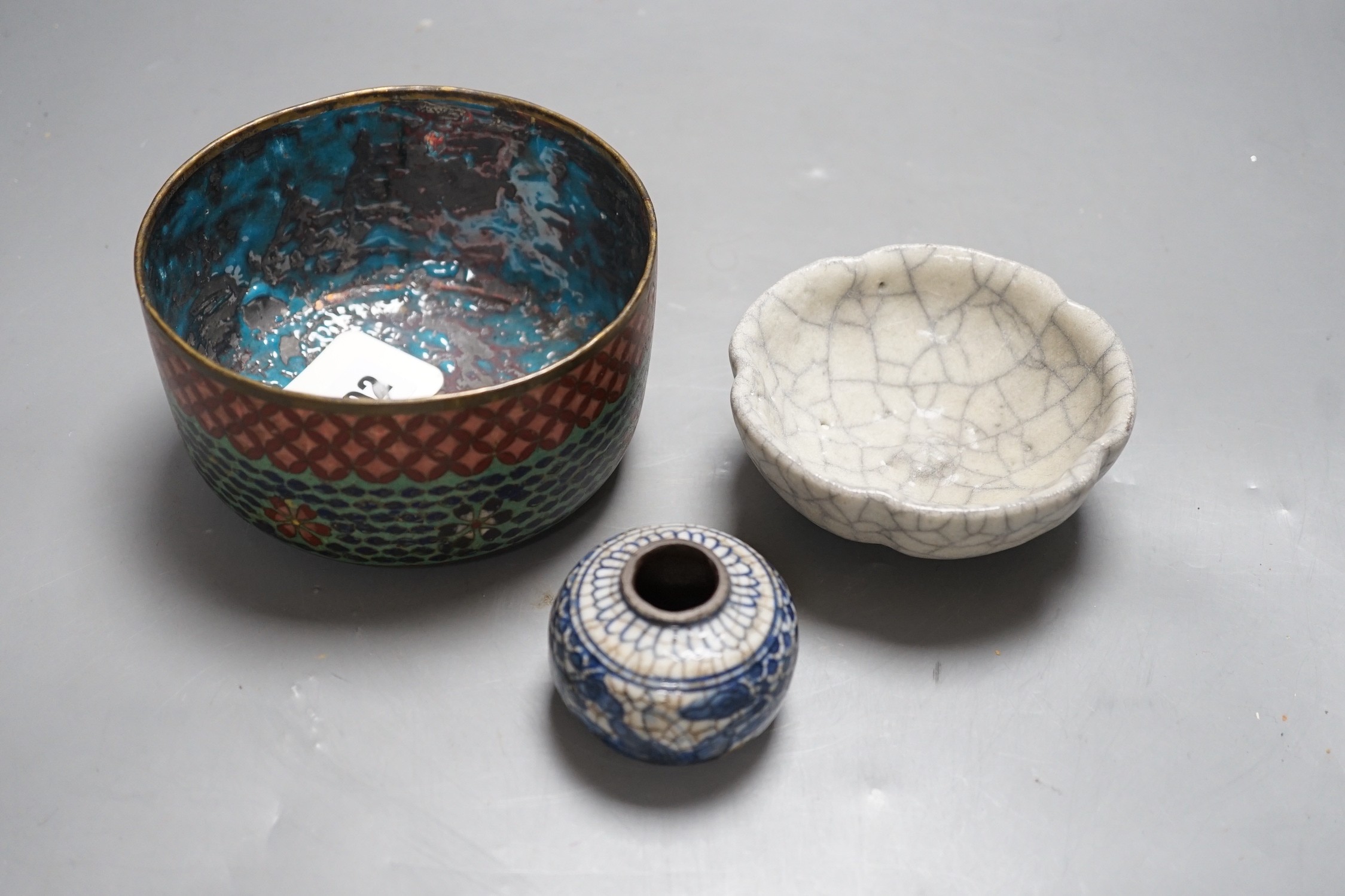 A Chinese crackle ware bowl a blue and white ink pot and a cloisonné enamel cover, crackle ware bowl - Image 3 of 3