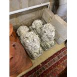 A pair of reconstituted stone recumbent lion garden ornaments, length 70cm, height 50cm