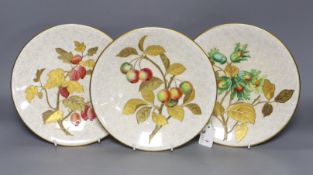 Three Royal Worcester Aesthetic period plates, with raised gilded and enamelled botanical
