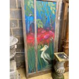 A painted panelled four fold screen decorated with birds, exotic butterflies and flowers, each panel