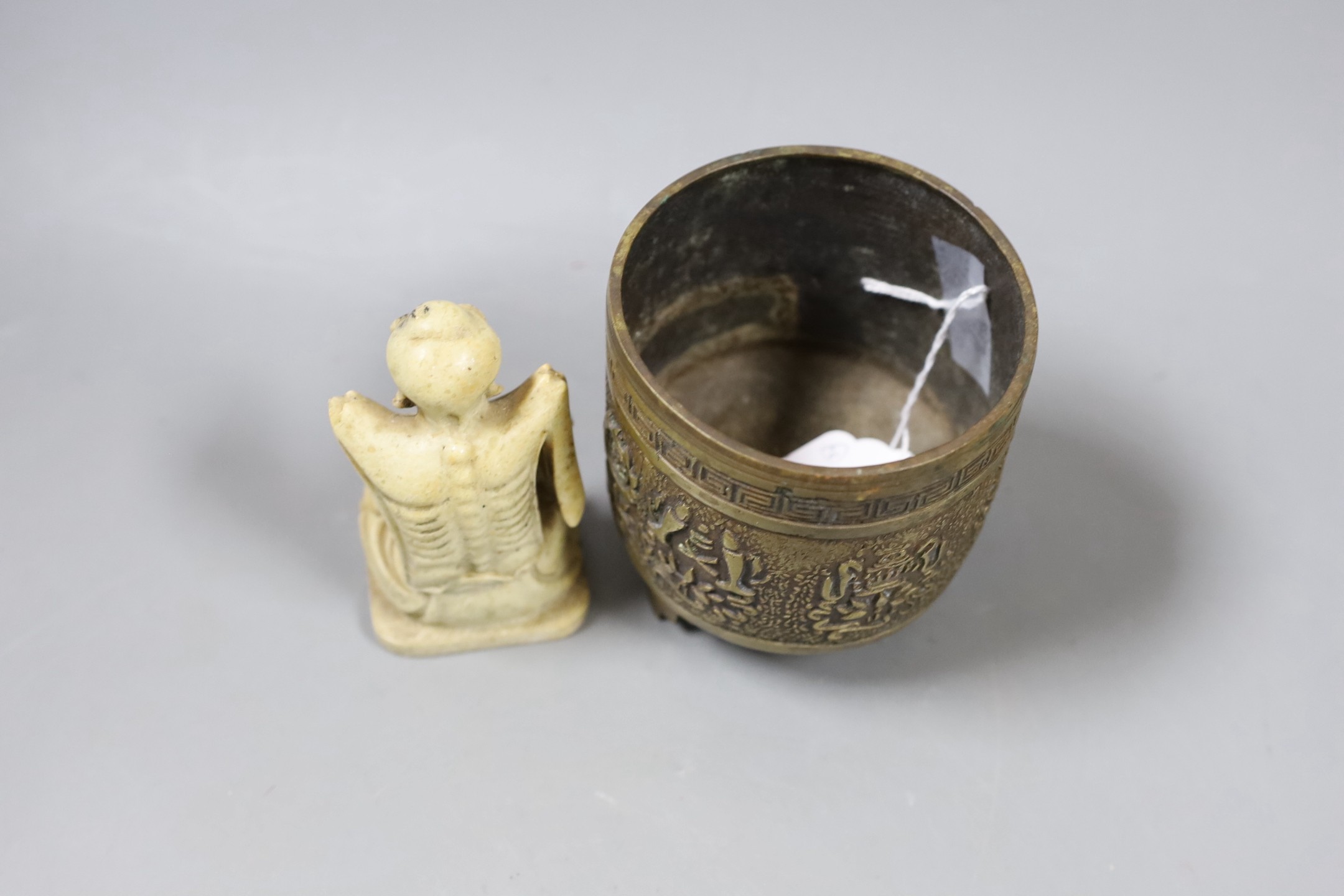 A Chinese archaistic bronze censer and a soapstone figure of a luohan, Tallest 10cm - Image 3 of 4