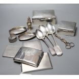 Mixed silver or white metal items including two cigarette boxes, three cigarette cases, cutlery,