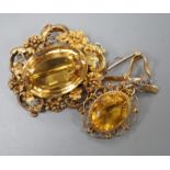 A late Victorian yellow metal and oval cut citrine set brooch, 49mm and a modern 9ct gold and oval