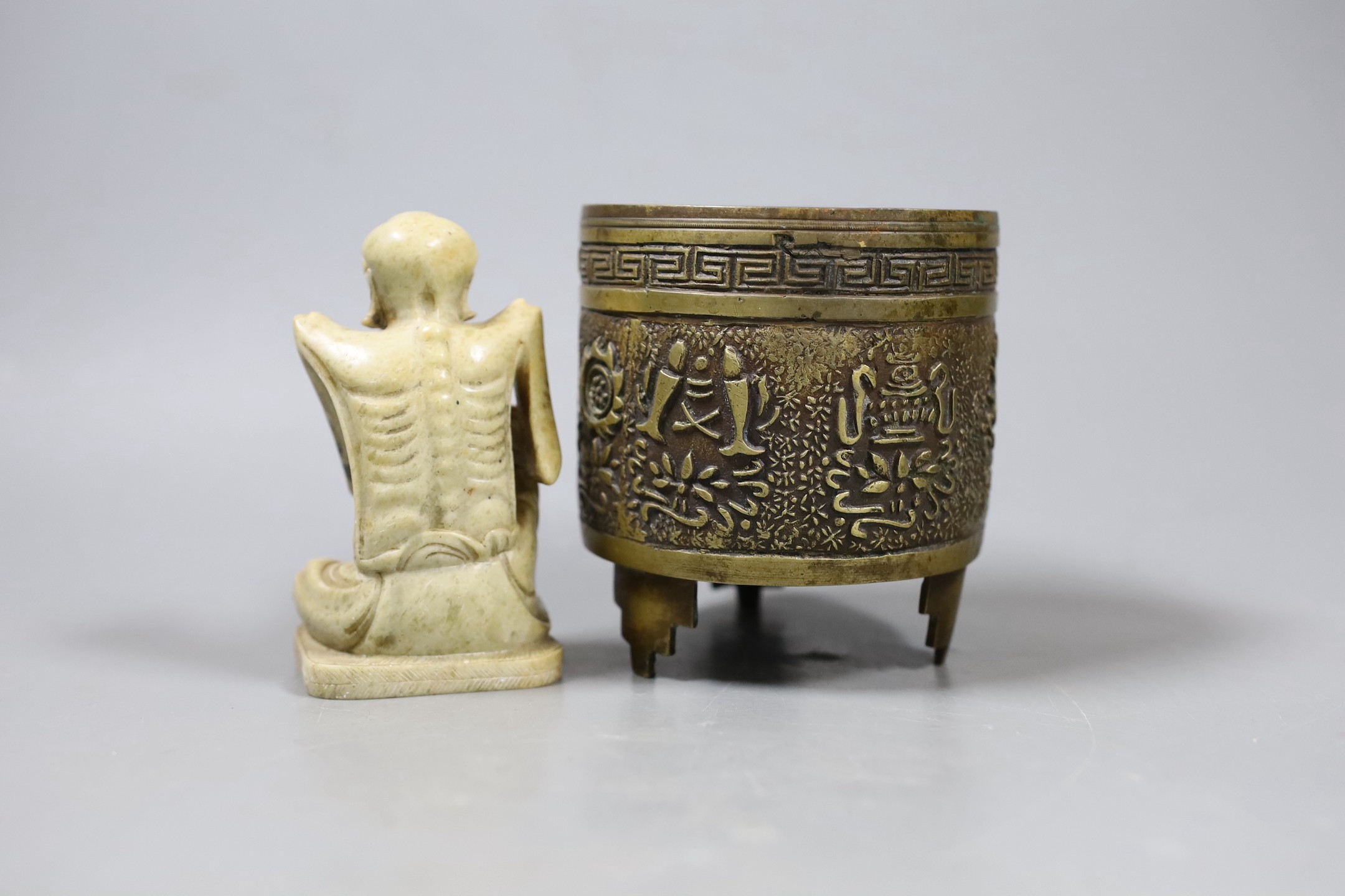 A Chinese archaistic bronze censer and a soapstone figure of a luohan, Tallest 10cm - Image 2 of 4