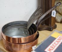 A matching set of five graduating copper pans and an oak pan rack