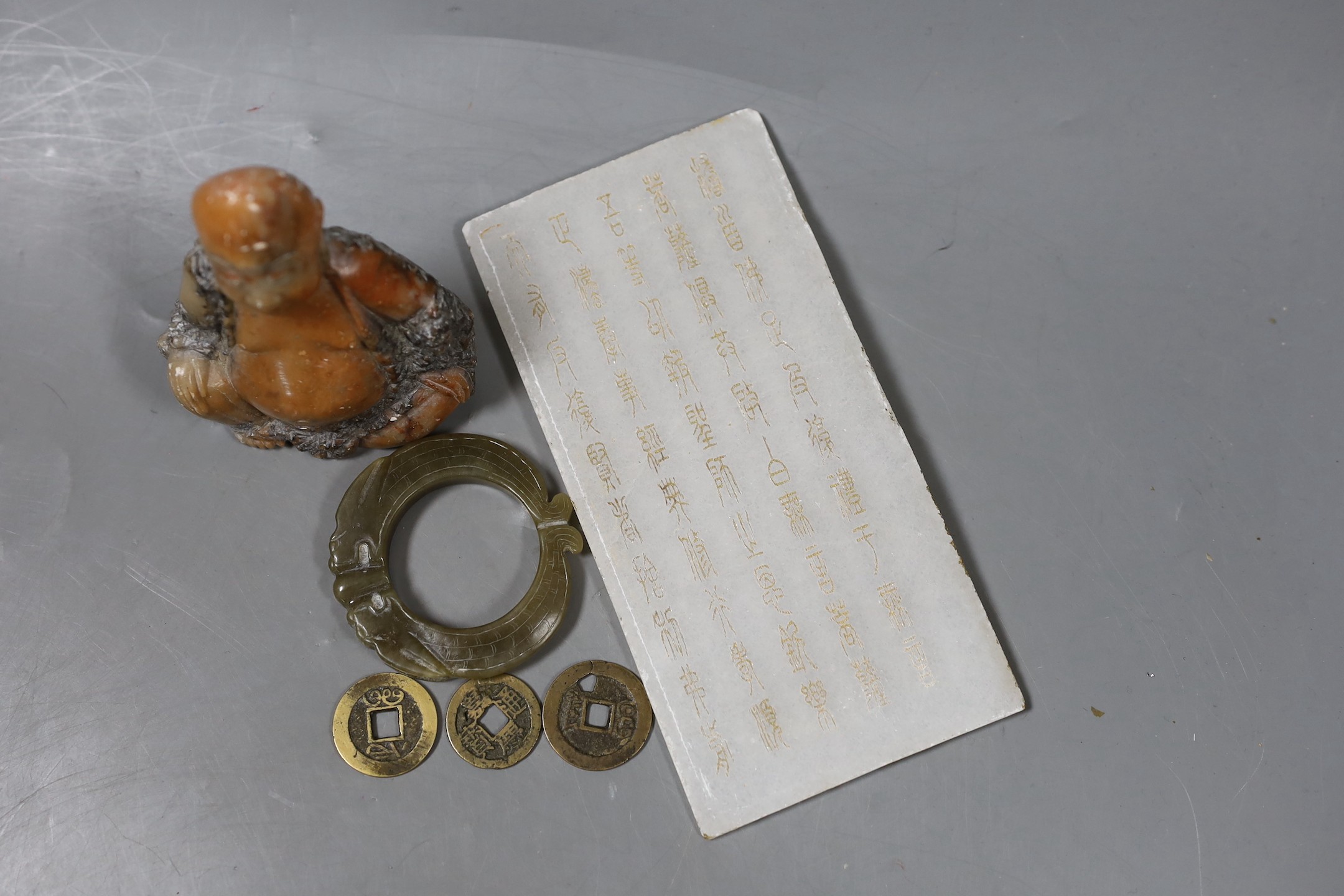 Assorted Chinese items to include a jade ring, coins, a stone inscribed plaque, 15.8 x 8cm and a - Image 2 of 3