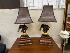 A pair of Thomas Blakemore elephant and book stack tablelamps and shades, height including shades