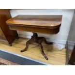 A Regency amboyna banded rosewood D shape folding card table, width 92cm, depth 46cm, height 72cm