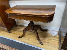 A Regency amboyna banded rosewood D shape folding card table, width 92cm, depth 46cm, height 72cm