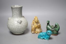 A Chinese crackle glaze vase, 15.5 cm high, two incense holders and a soapstone figure
