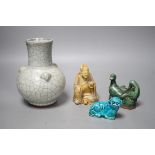 A Chinese crackle glaze vase, 15.5 cm high, two incense holders and a soapstone figure