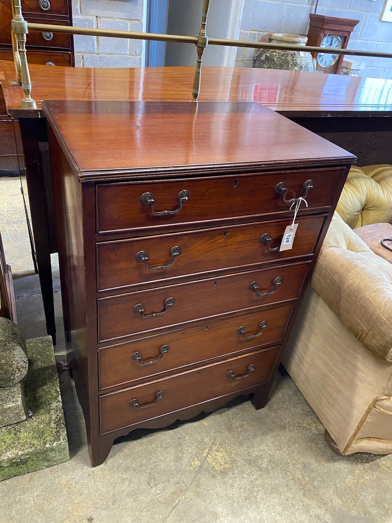 A small George III style mahogany chest of five drawers, width 61cm, depth 43cm, height 93cm