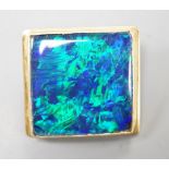 An 18ct mounted black opal doublet square cufflink, 23mm, gross weight 11.6 grams.