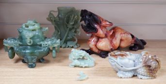 Four Chinese bowenite jade carvings - two mythical beasts, a censer and cover and a ‘dragon’ vase
