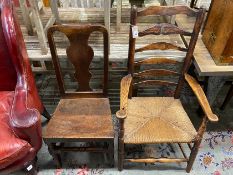 A 19th century ash and elm rush seat ladderback elbow chair, height 109cm together with an 18th