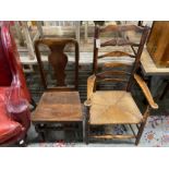 A 19th century ash and elm rush seat ladderback elbow chair, height 109cm together with an 18th