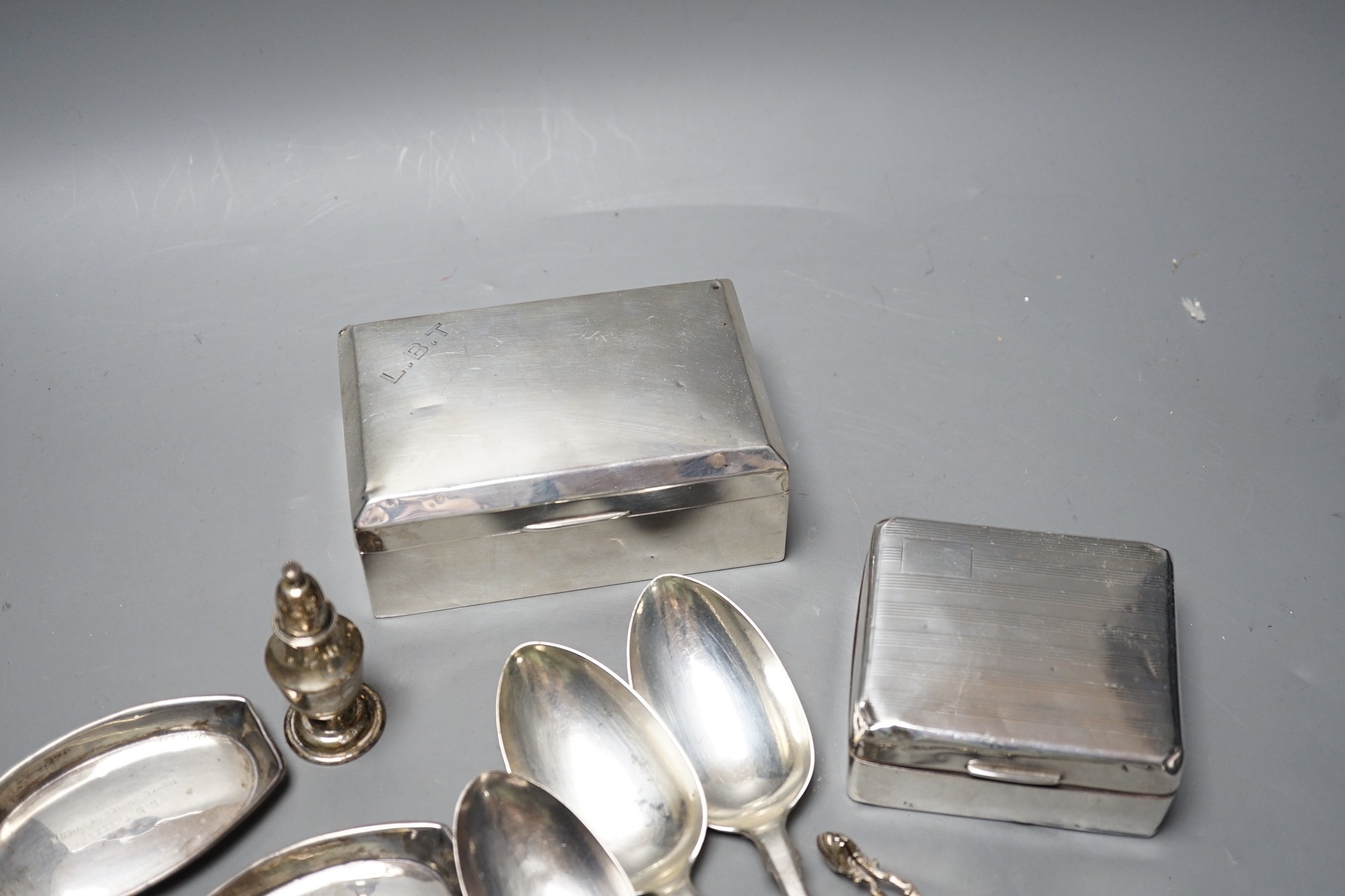 Mixed silver or white metal items including two cigarette boxes, three cigarette cases, cutlery, - Image 2 of 4